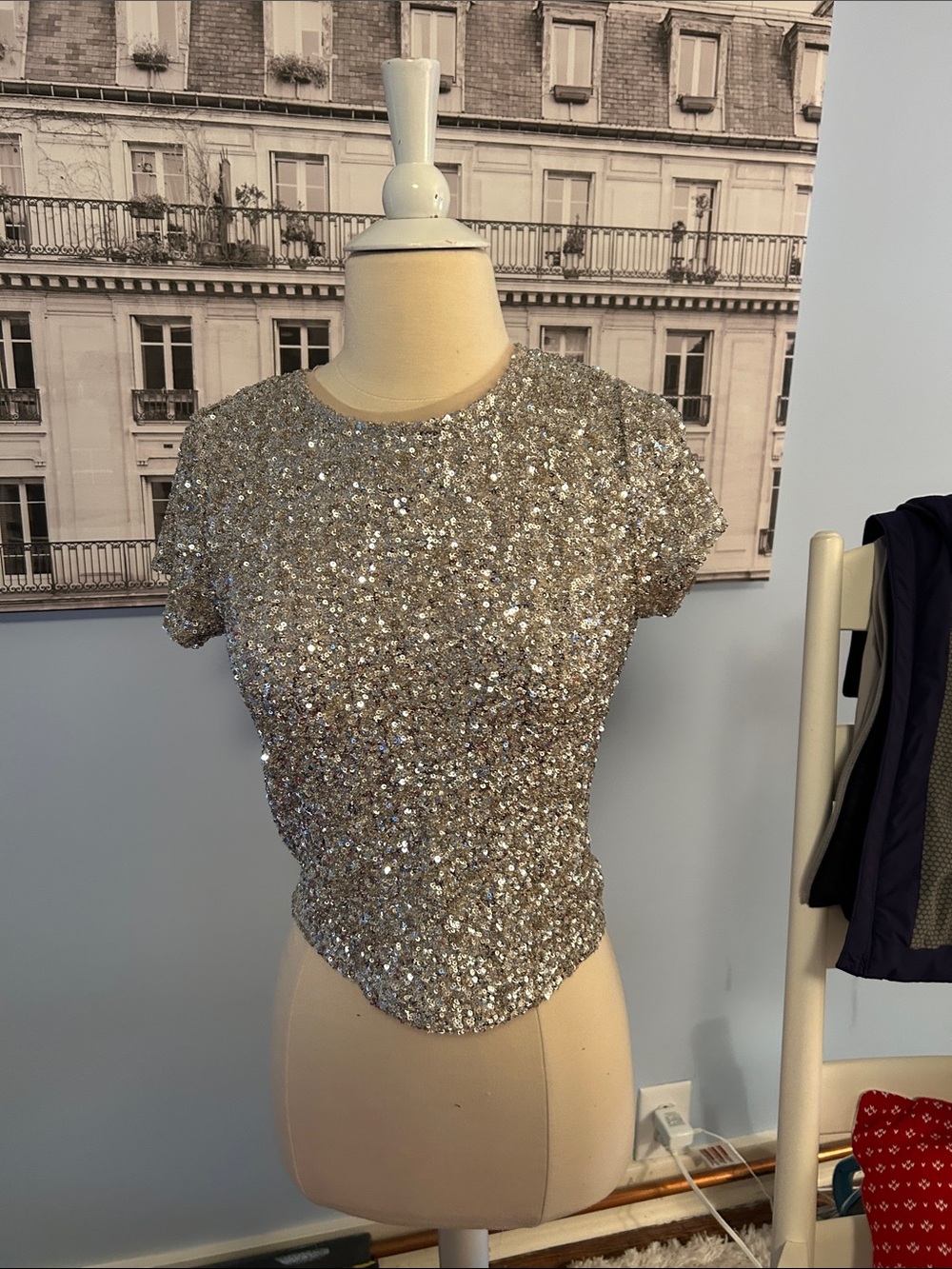 Maeve Silver Sequin Short Sleeve Crop Top